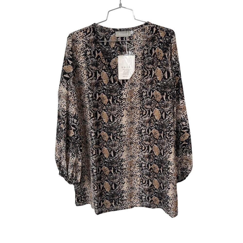 Belongsci Snakeskin Long Sleeve Blouse Size Large V Neck Popover Black Beige NEW